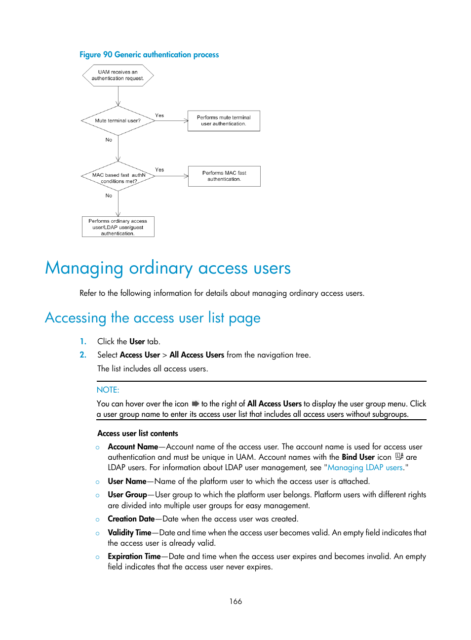 Managing ordinary access users, Accessing the access user list page | H3C Technologies H3C Intelligent Management Center User Manual | Page 184 / 641