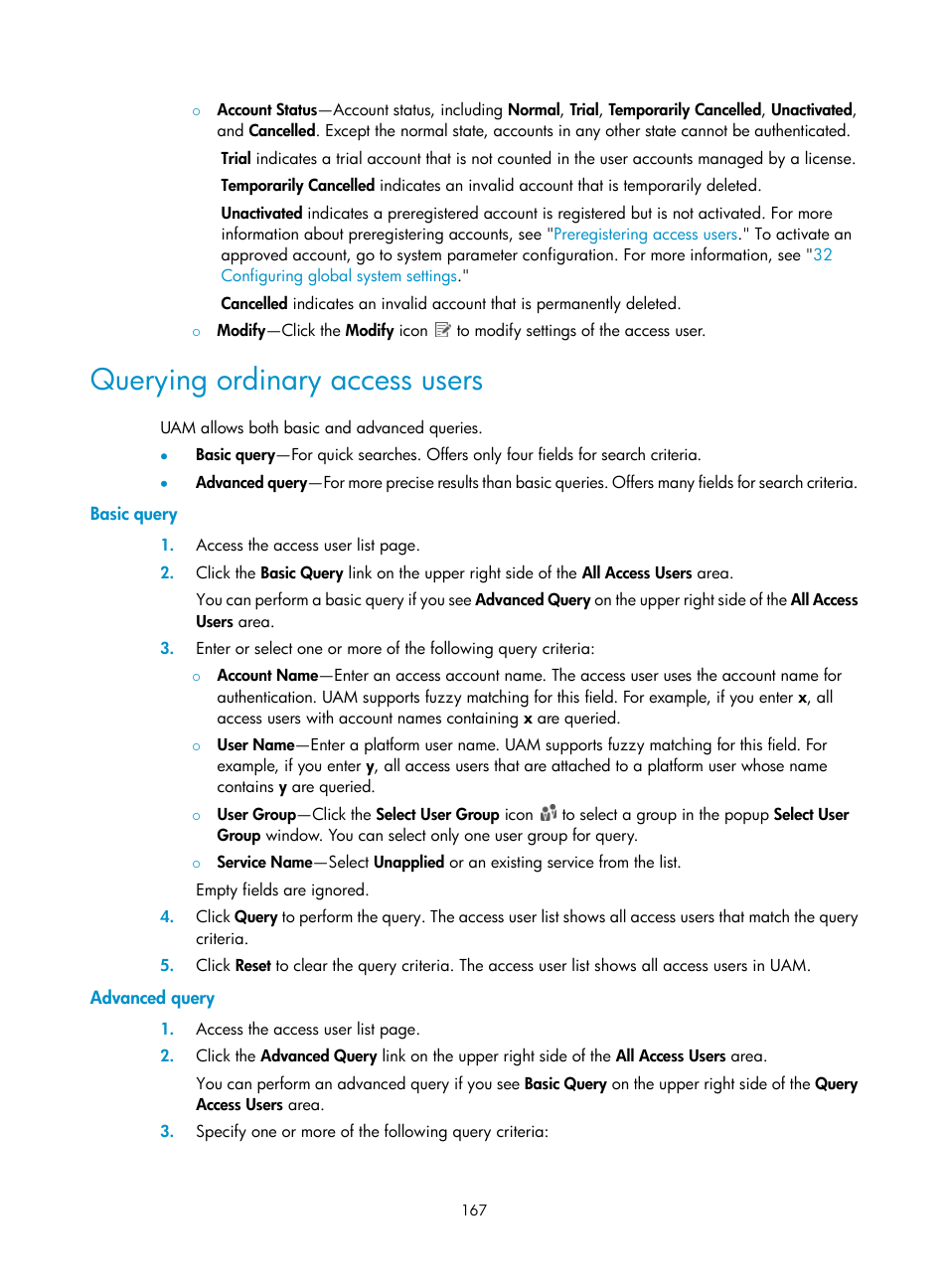Querying ordinary access users, Basic query, Advanced query | H3C Technologies H3C Intelligent Management Center User Manual | Page 185 / 641