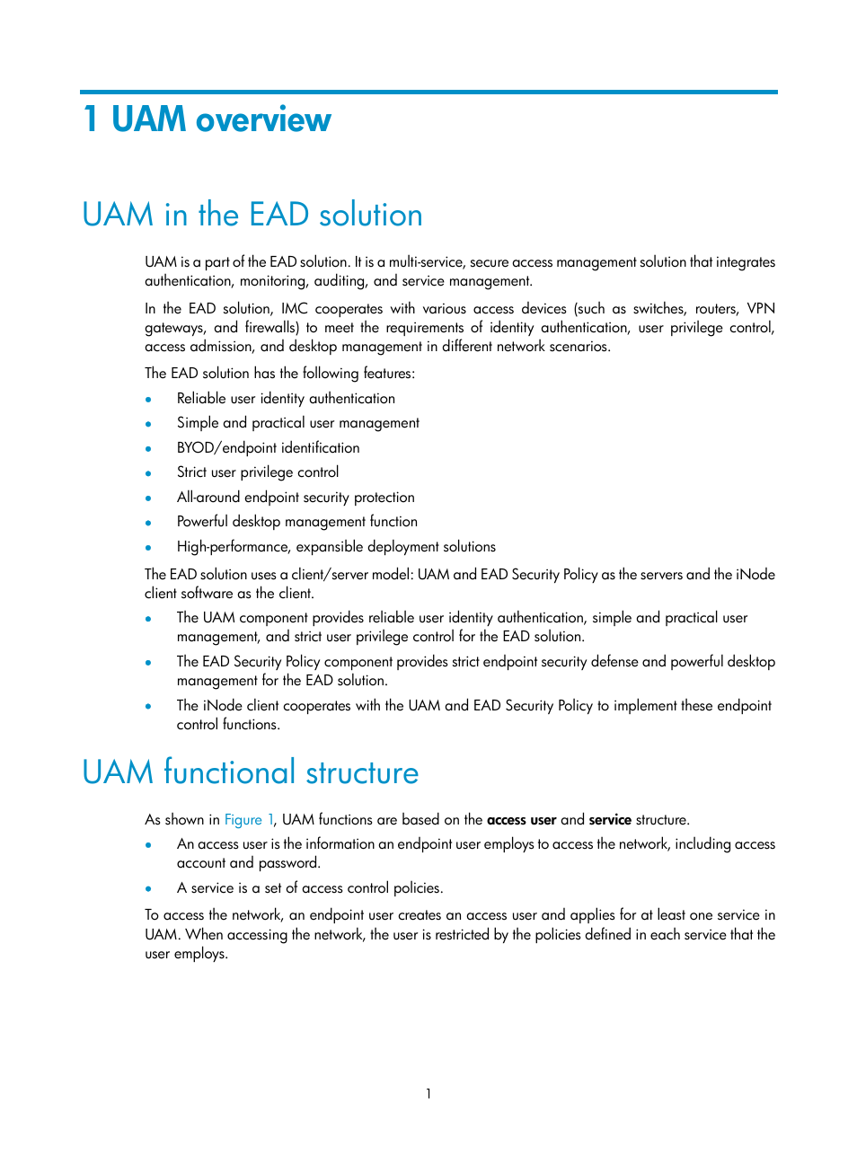 1 uam overview, Uam in the ead solution, Uam functional structure | H3C Technologies H3C Intelligent Management Center User Manual | Page 19 / 641