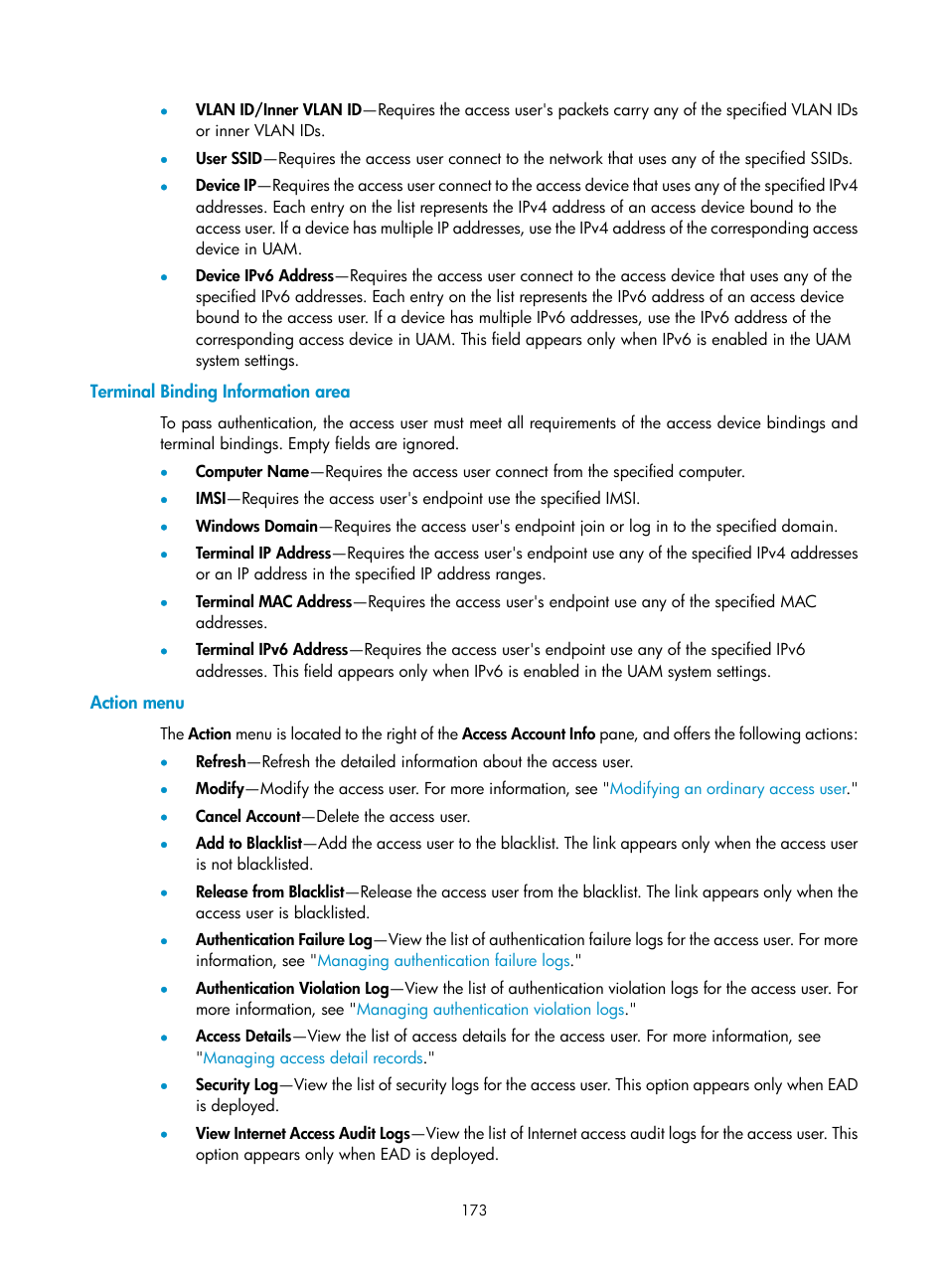 Terminal binding information area, Action menu | H3C Technologies H3C Intelligent Management Center User Manual | Page 191 / 641