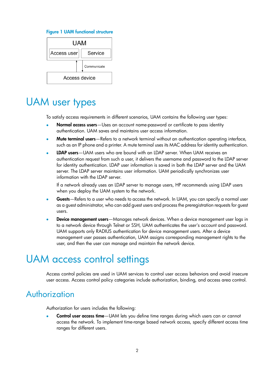 Uam user types, Uam access control settings, Authorization | H3C Technologies H3C Intelligent Management Center User Manual | Page 20 / 641