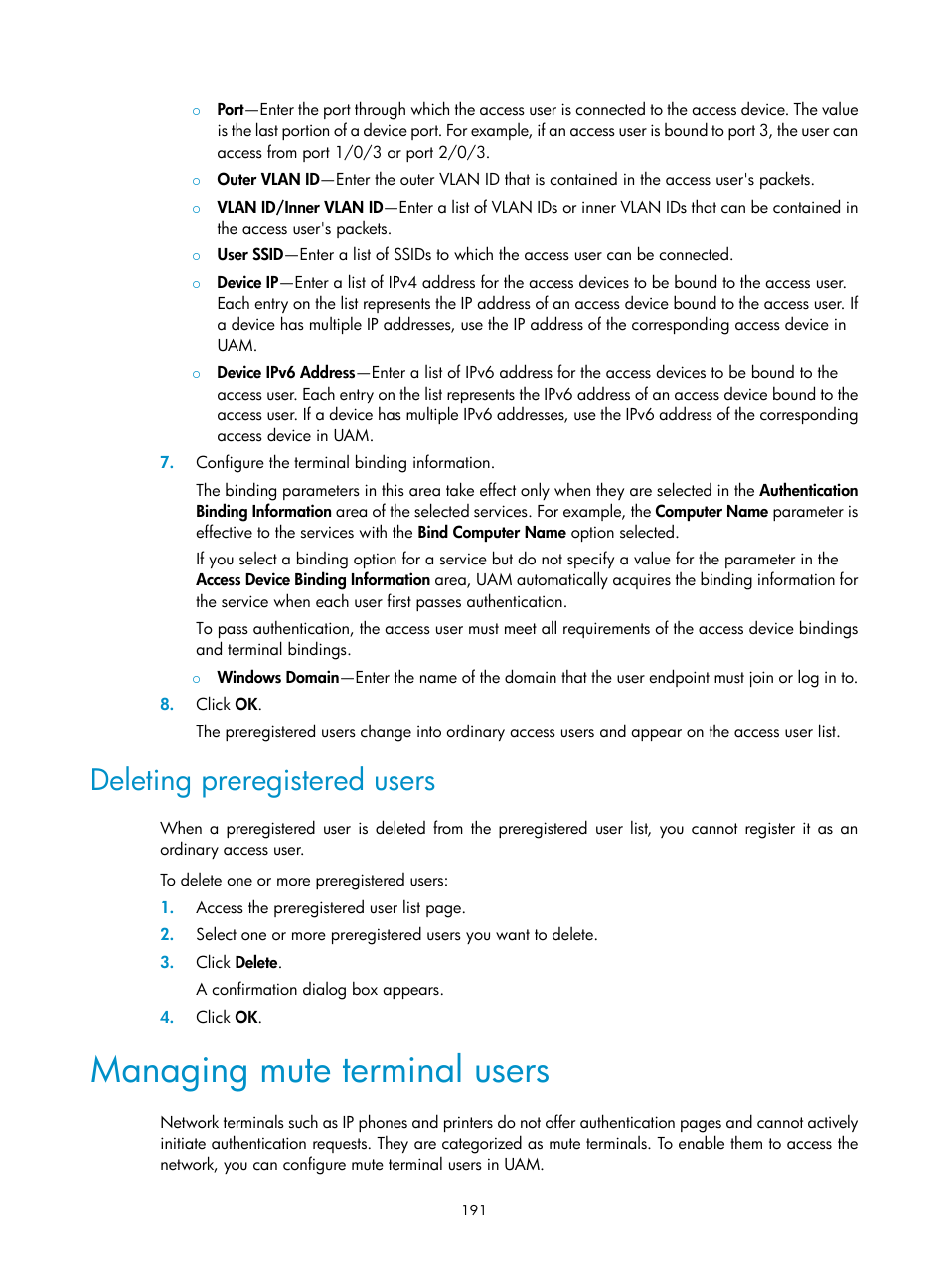 Deleting preregistered users, Managing mute terminal users | H3C Technologies H3C Intelligent Management Center User Manual | Page 209 / 641