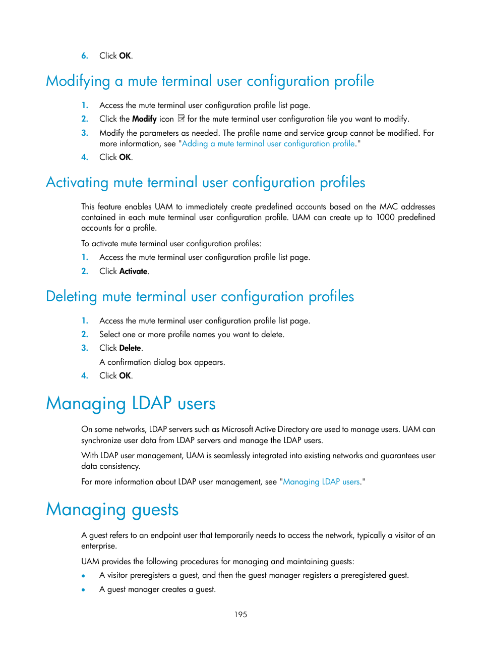 Deleting mute terminal user configuration profiles, Managing ldap users, Managing guests | H3C Technologies H3C Intelligent Management Center User Manual | Page 213 / 641