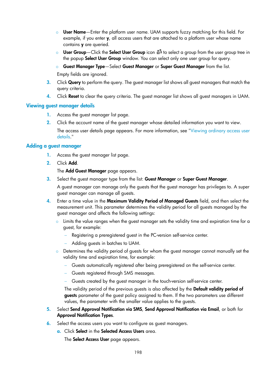 Viewing guest manager details, Adding a guest manager | H3C Technologies H3C Intelligent Management Center User Manual | Page 216 / 641