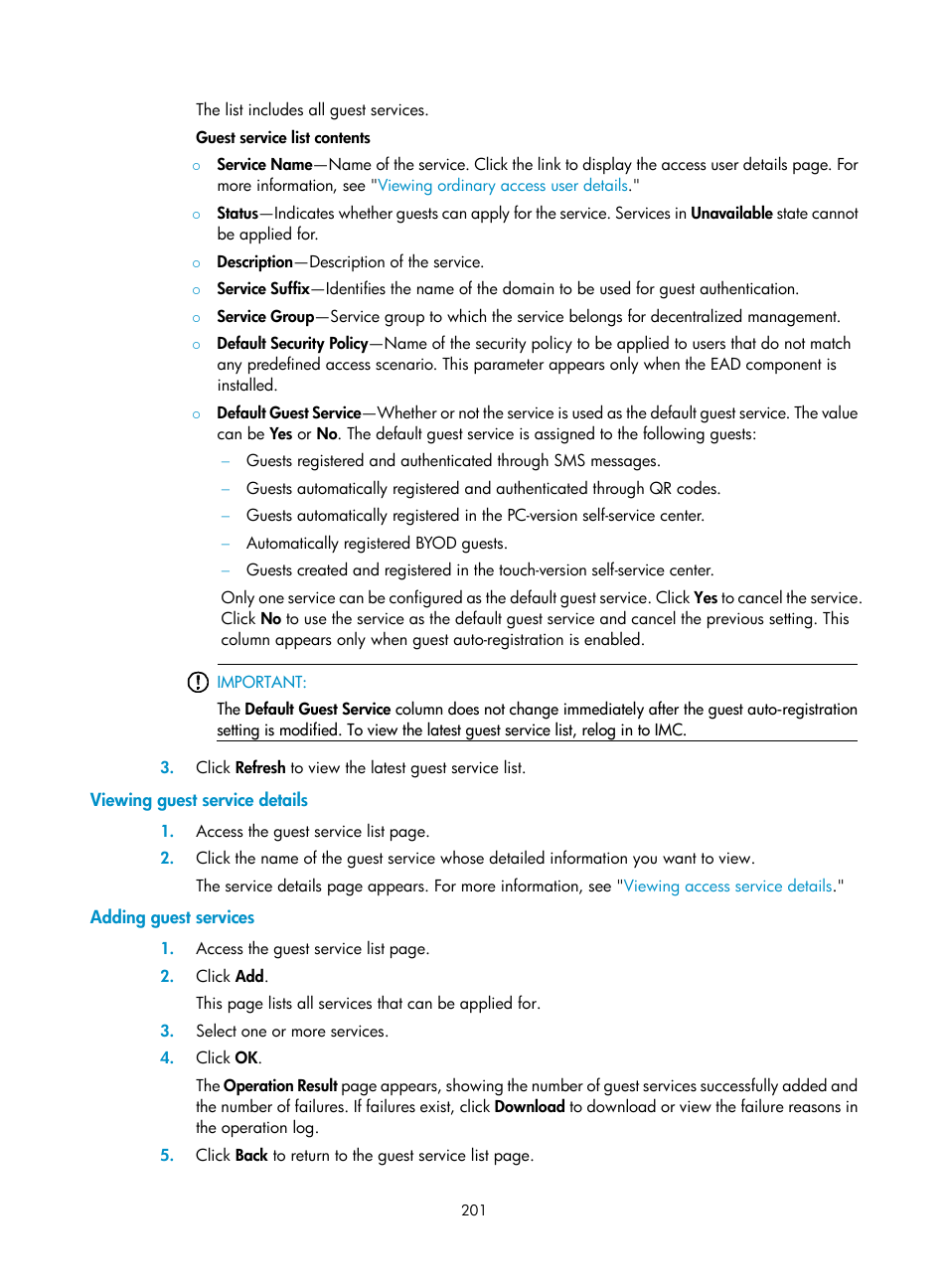 Viewing guest service details, Adding guest services | H3C Technologies H3C Intelligent Management Center User Manual | Page 219 / 641