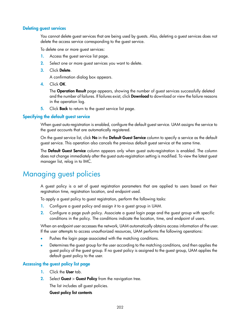 Deleting guest services, Specifying the default guest service, Managing guest policies | H3C Technologies H3C Intelligent Management Center User Manual | Page 220 / 641