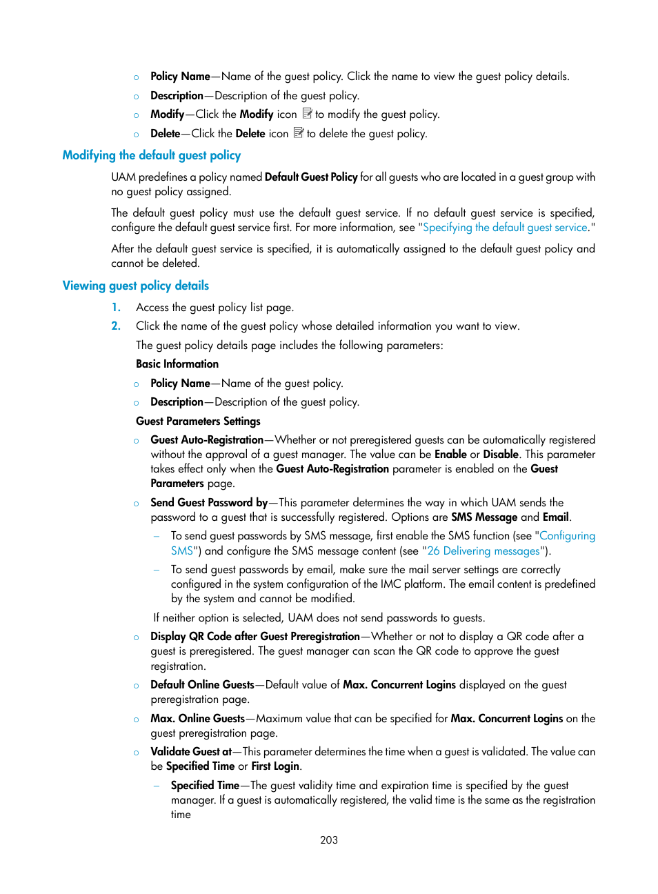 Modifying the default guest policy, Viewing guest policy details | H3C Technologies H3C Intelligent Management Center User Manual | Page 221 / 641