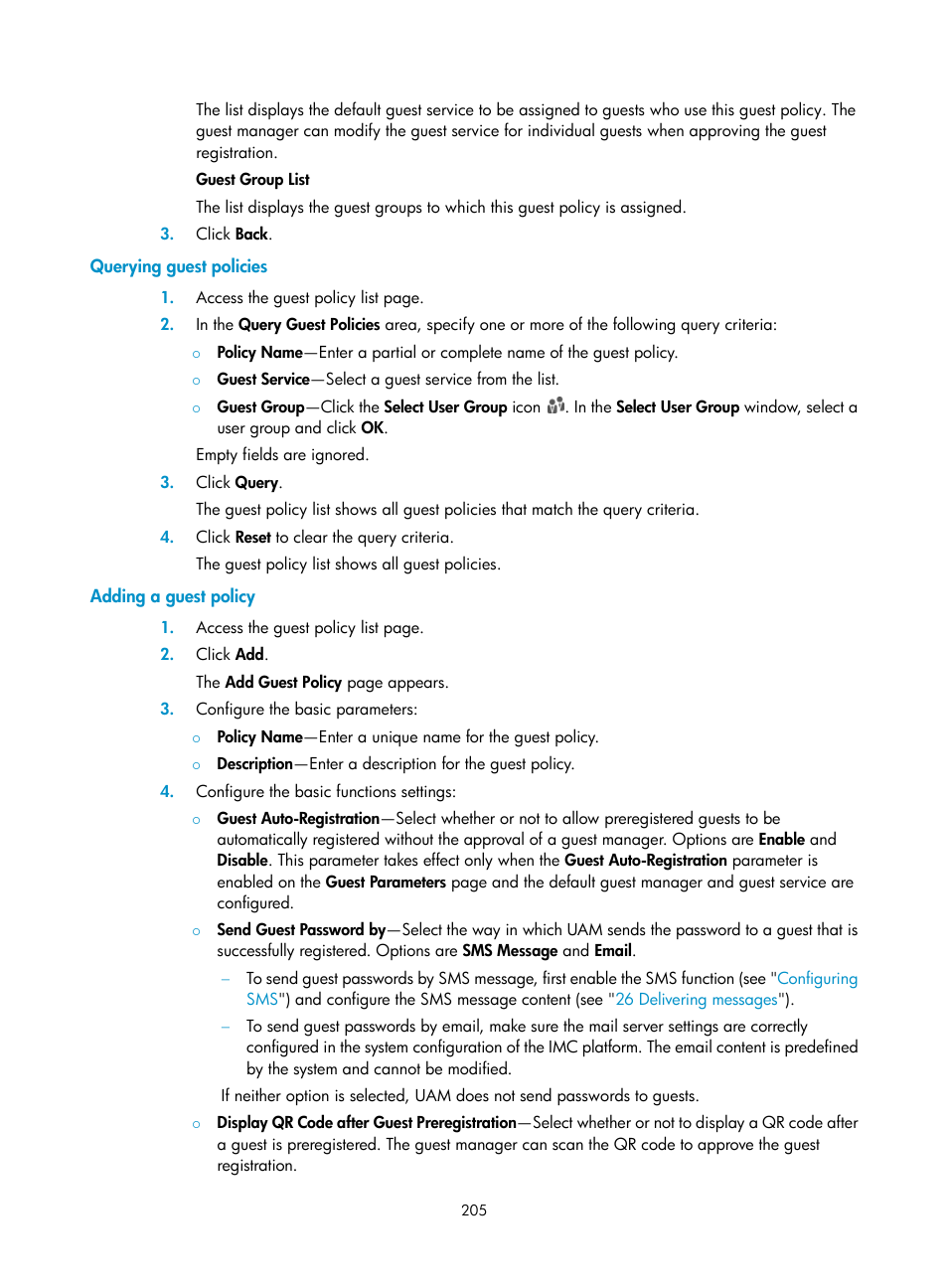Querying guest policies, Adding a guest policy | H3C Technologies H3C Intelligent Management Center User Manual | Page 223 / 641