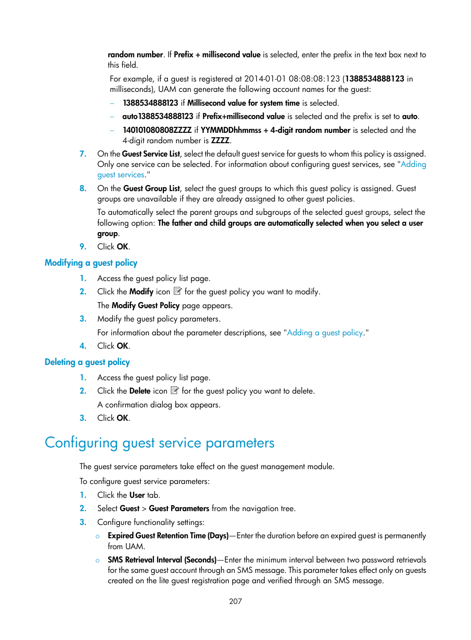 Modifying a guest policy, Deleting a guest policy, Configuring guest service parameters | H3C Technologies H3C Intelligent Management Center User Manual | Page 225 / 641