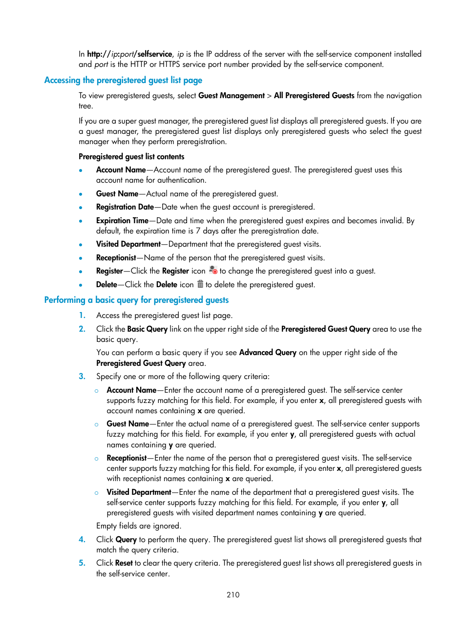 Performing a basic query for preregistered guests | H3C Technologies H3C Intelligent Management Center User Manual | Page 228 / 641