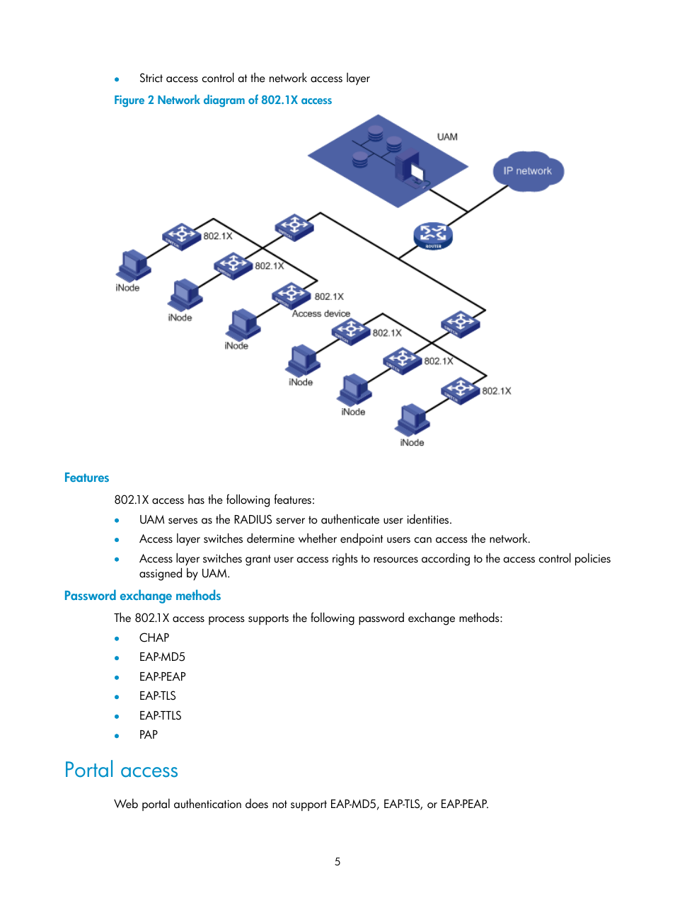 Features, Password exchange methods, Portal access | H3C Technologies H3C Intelligent Management Center User Manual | Page 23 / 641