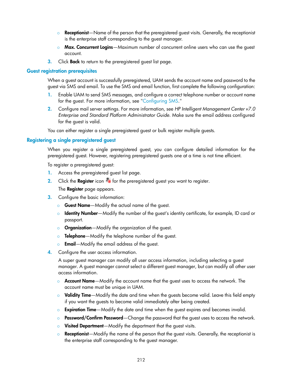 Guest registration prerequisites, Registering a single preregistered guest | H3C Technologies H3C Intelligent Management Center User Manual | Page 230 / 641