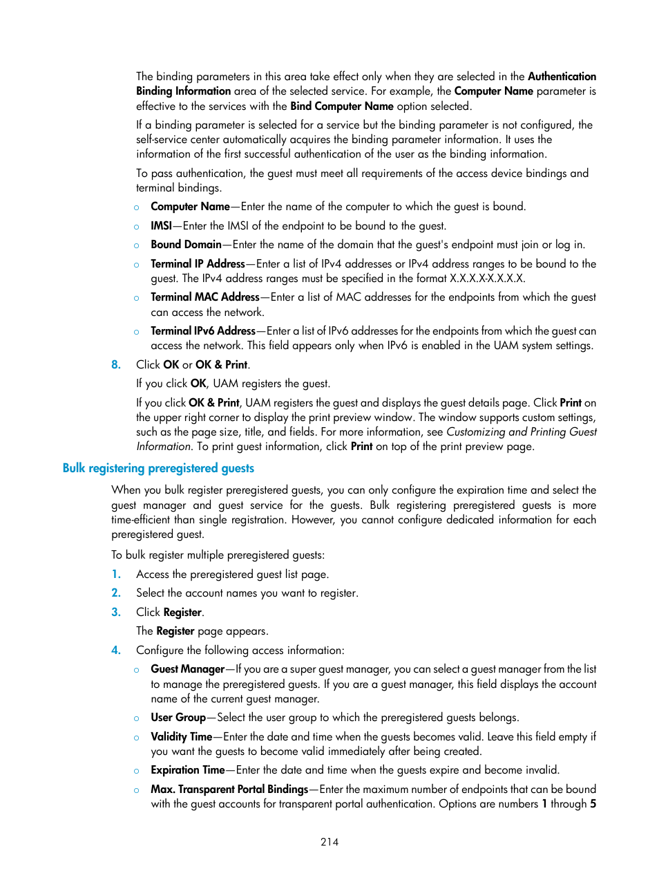 Bulk registering preregistered guests | H3C Technologies H3C Intelligent Management Center User Manual | Page 232 / 641