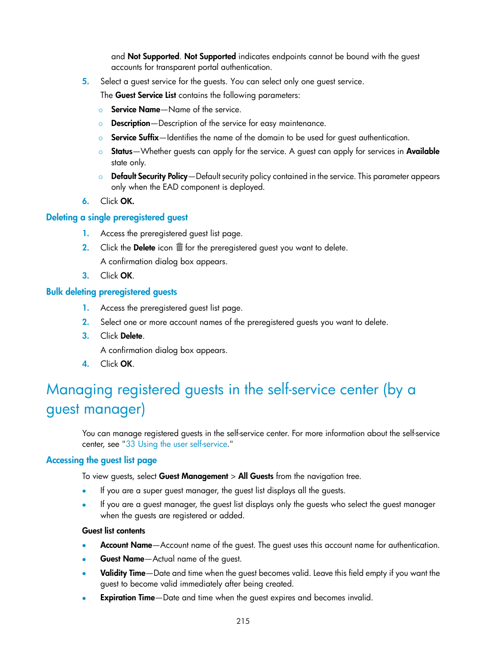 Deleting a single preregistered guest, Bulk deleting preregistered guests | H3C Technologies H3C Intelligent Management Center User Manual | Page 233 / 641