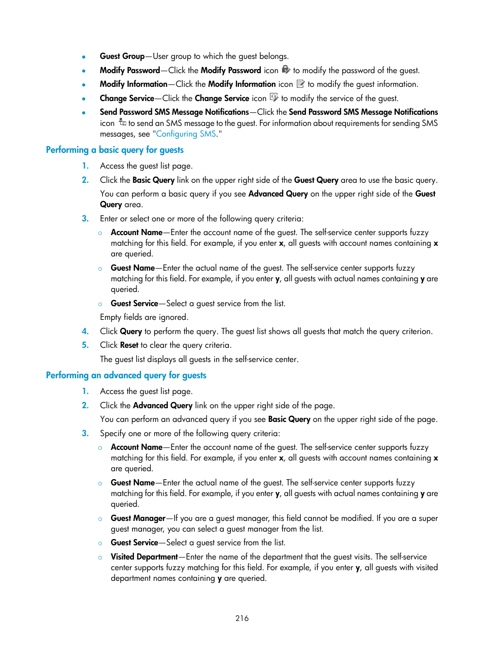 Performing a basic query for guests, Performing an advanced query for guests | H3C Technologies H3C Intelligent Management Center User Manual | Page 234 / 641
