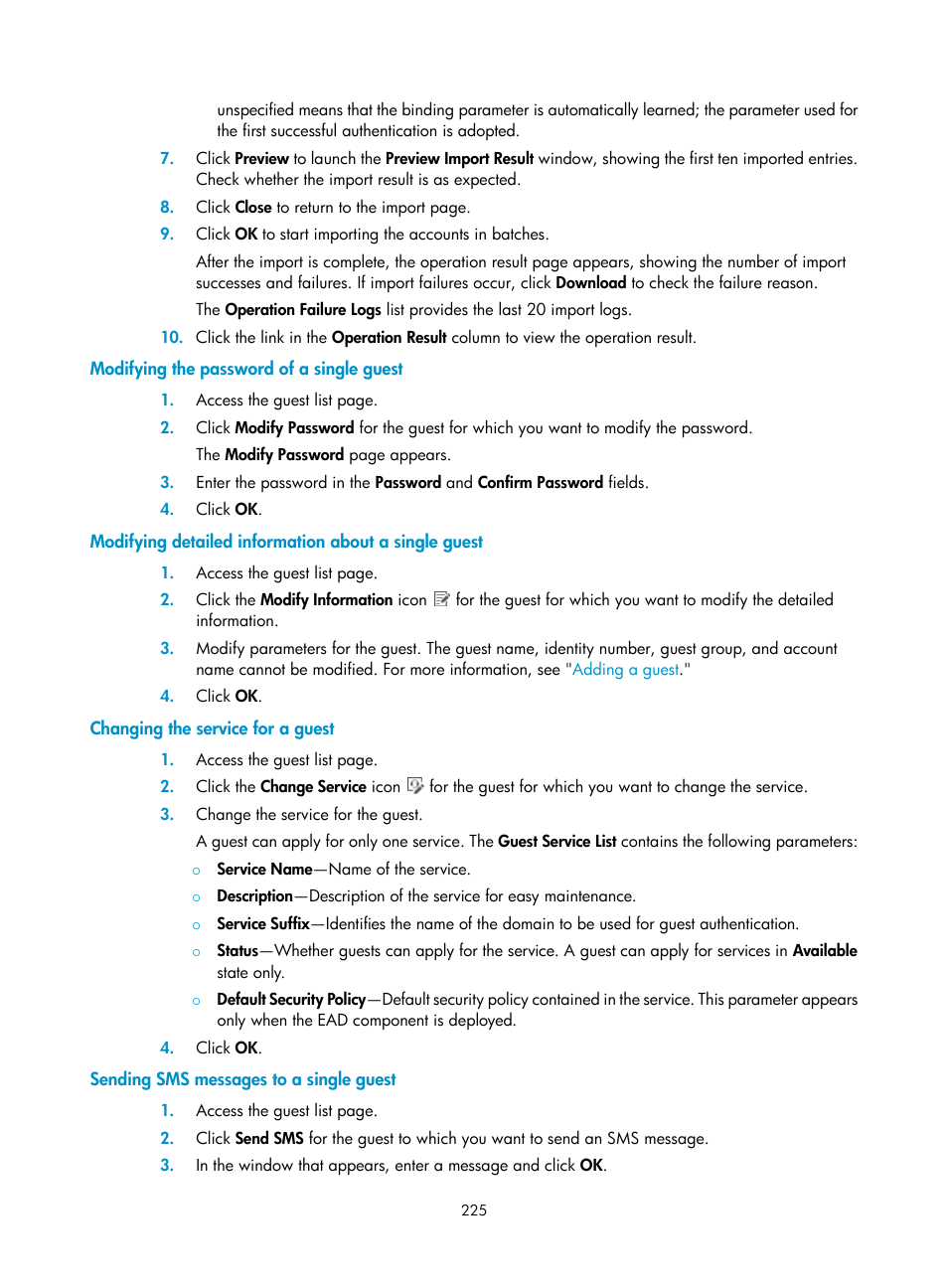 Modifying the password of a single guest, Changing the service for a guest, Sending sms messages to a single guest | H3C Technologies H3C Intelligent Management Center User Manual | Page 243 / 641