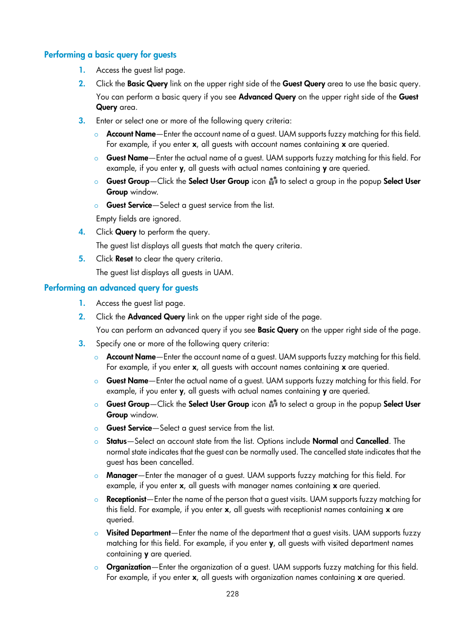 Performing a basic query for guests, Performing an advanced query for guests | H3C Technologies H3C Intelligent Management Center User Manual | Page 246 / 641