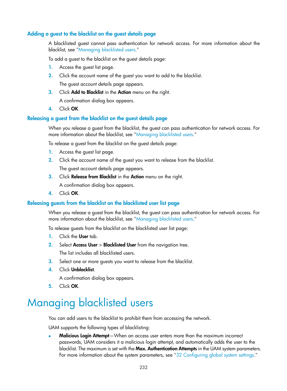 Managing blacklisted users | H3C Technologies H3C Intelligent Management Center User Manual | Page 250 / 641