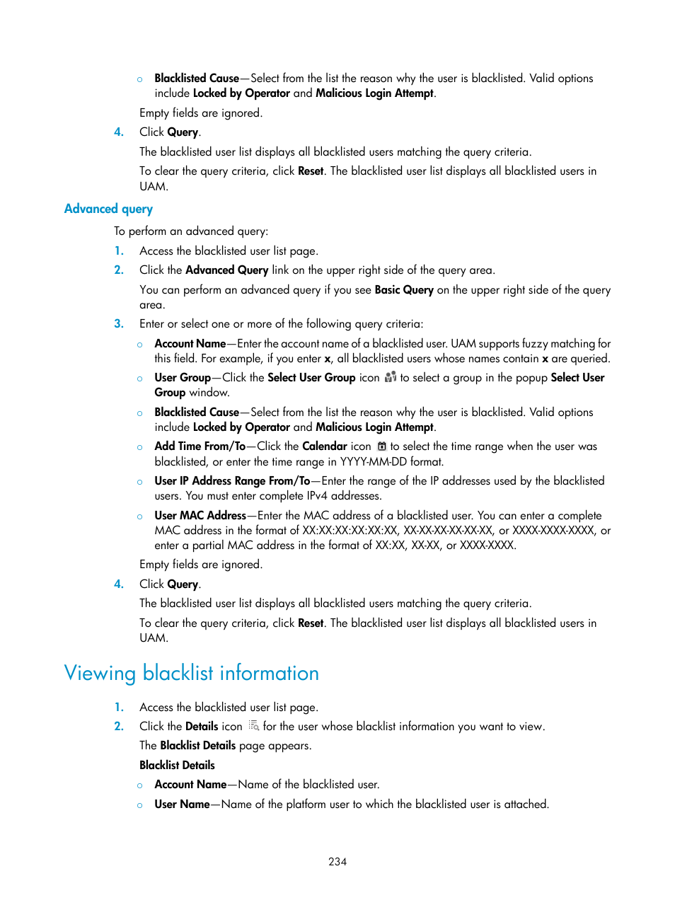 Advanced query, Viewing blacklist information | H3C Technologies H3C Intelligent Management Center User Manual | Page 252 / 641