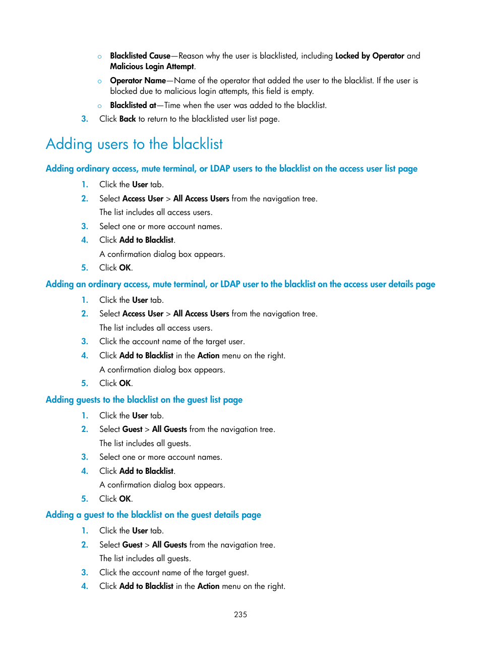 Adding users to the blacklist | H3C Technologies H3C Intelligent Management Center User Manual | Page 253 / 641