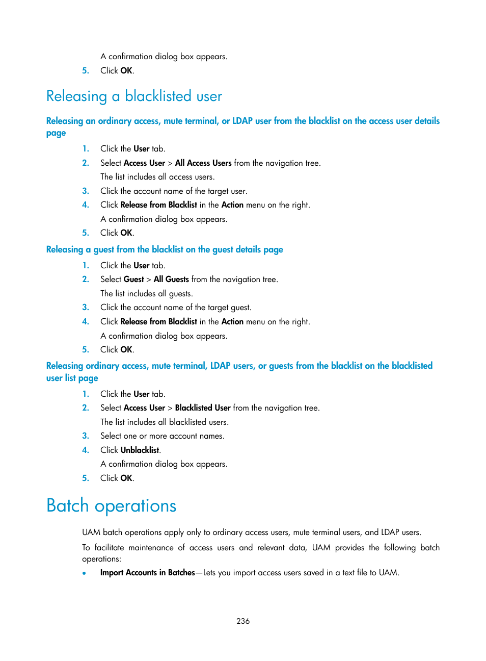 Releasing a blacklisted user, Batch operations | H3C Technologies H3C Intelligent Management Center User Manual | Page 254 / 641