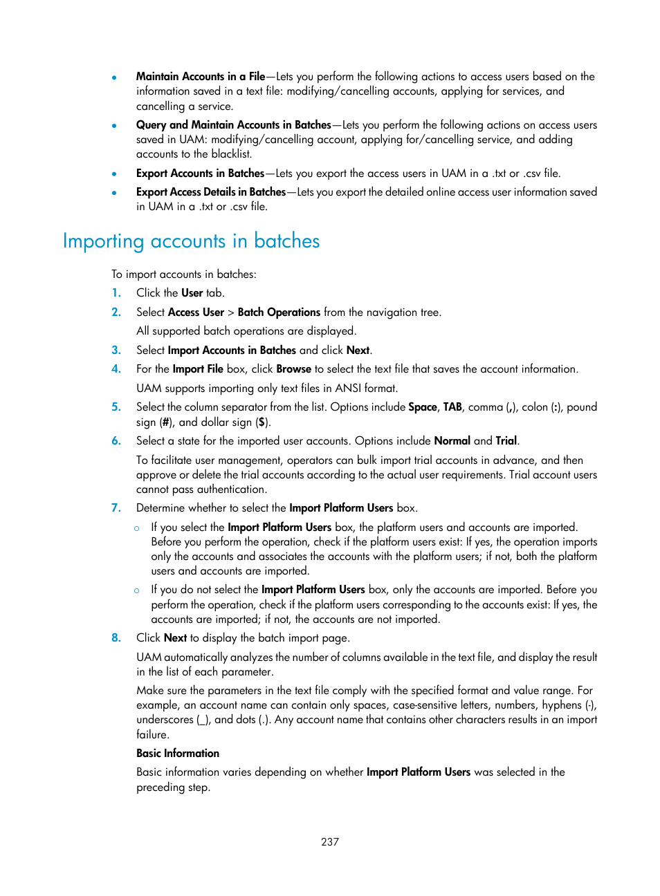 Importing accounts in batches | H3C Technologies H3C Intelligent Management Center User Manual | Page 255 / 641