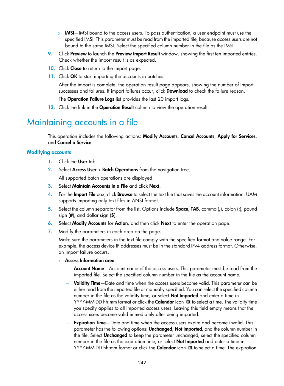 Maintaining accounts in a file, Modifying accounts | H3C Technologies H3C Intelligent Management Center User Manual | Page 260 / 641