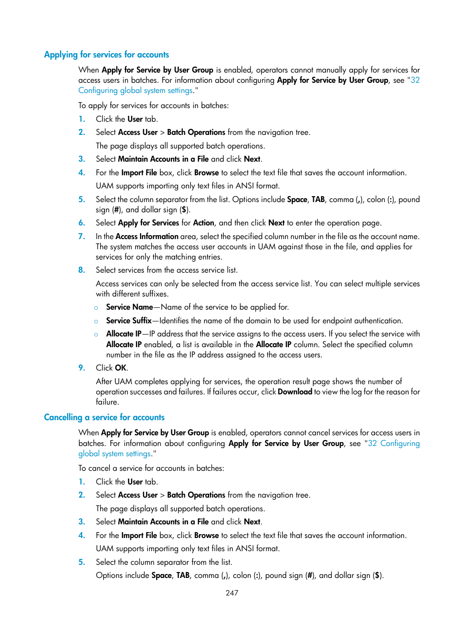 Applying for services for accounts, Cancelling a service for accounts | H3C Technologies H3C Intelligent Management Center User Manual | Page 265 / 641