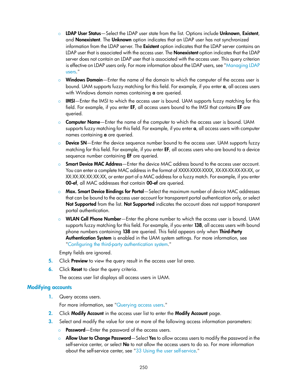 Modifying accounts | H3C Technologies H3C Intelligent Management Center User Manual | Page 268 / 641