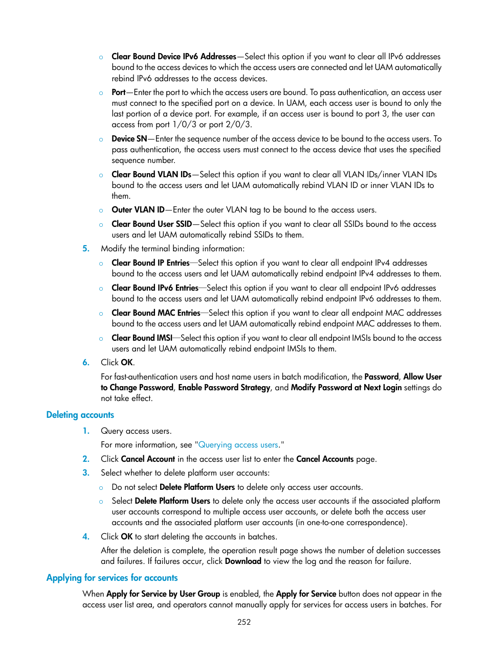 Deleting accounts, Applying for services for accounts | H3C Technologies H3C Intelligent Management Center User Manual | Page 270 / 641