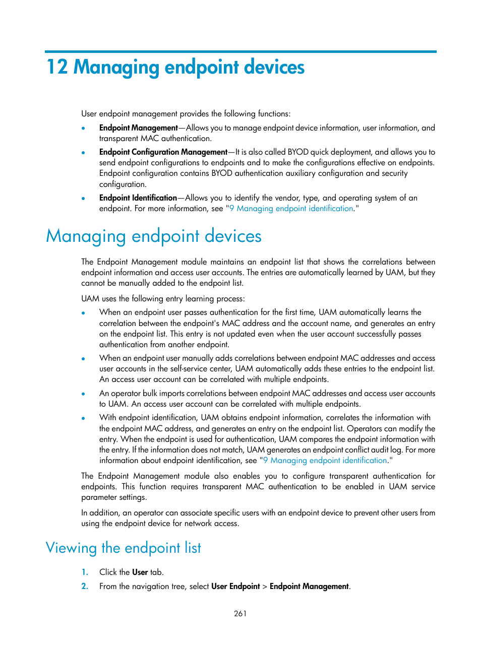 12 managing endpoint devices, Managing endpoint devices, Viewing the endpoint list | H3C Technologies H3C Intelligent Management Center User Manual | Page 279 / 641