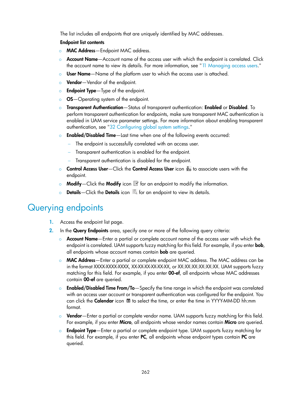 Querying endpoints | H3C Technologies H3C Intelligent Management Center User Manual | Page 280 / 641