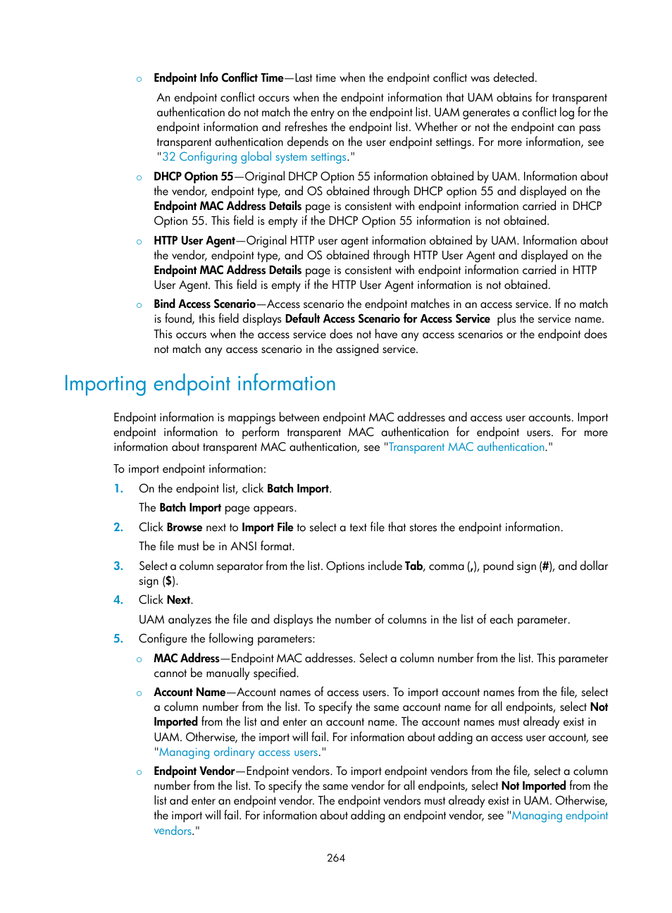 Importing endpoint information | H3C Technologies H3C Intelligent Management Center User Manual | Page 282 / 641