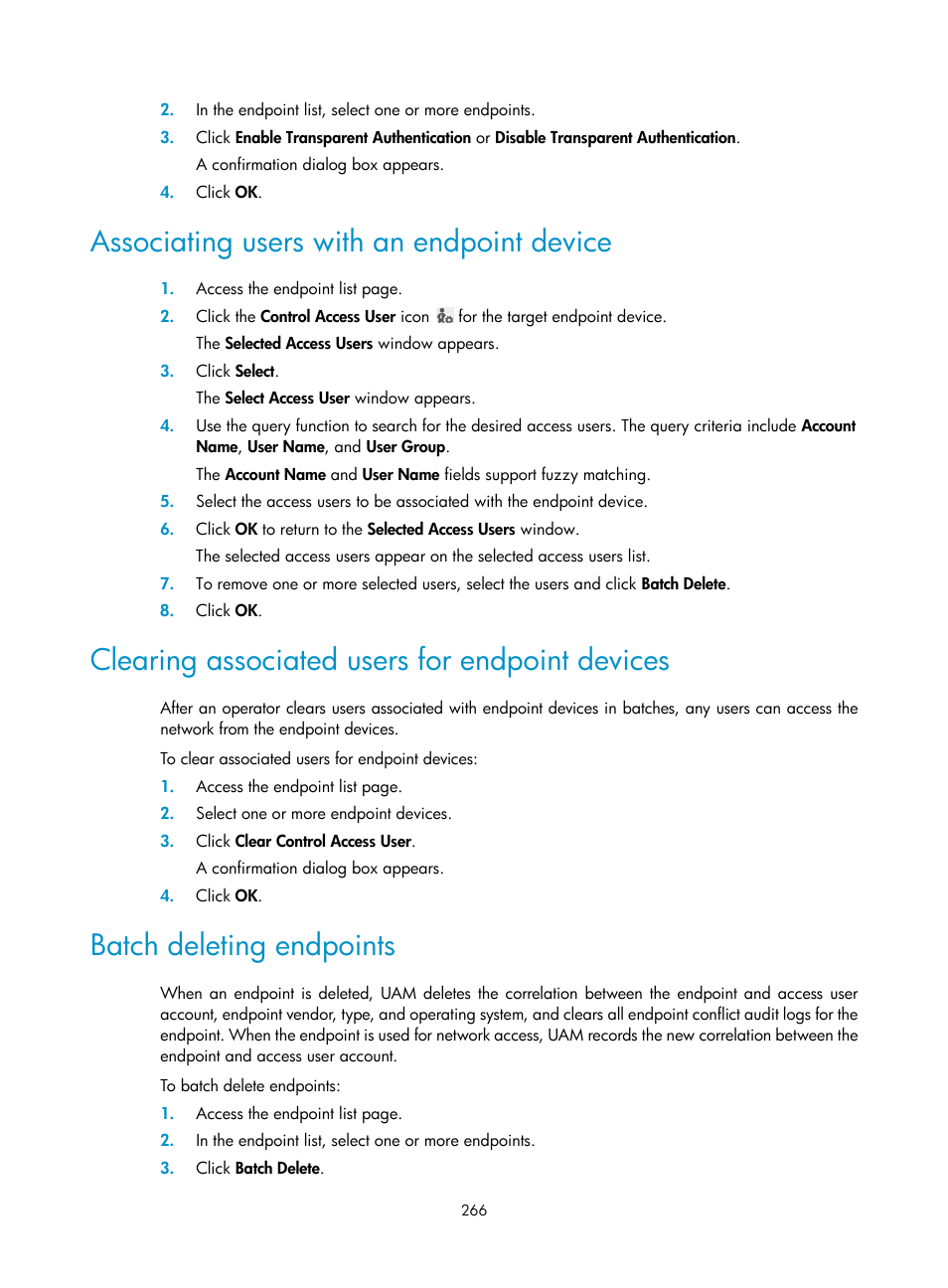 Associating users with an endpoint device, Clearing associated users for endpoint devices, Batch deleting endpoints | H3C Technologies H3C Intelligent Management Center User Manual | Page 284 / 641