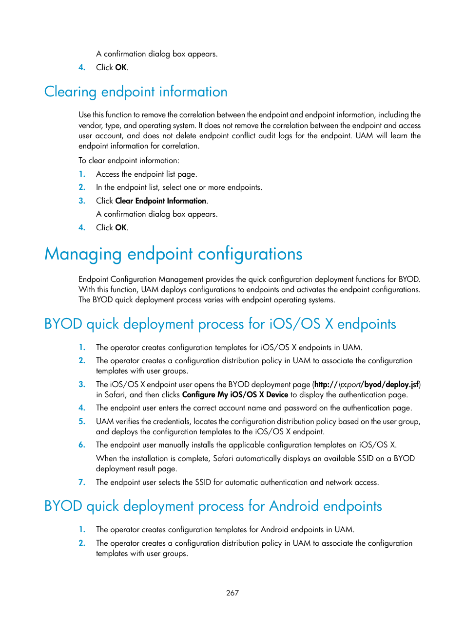 Clearing endpoint information, Managing endpoint configurations | H3C Technologies H3C Intelligent Management Center User Manual | Page 285 / 641