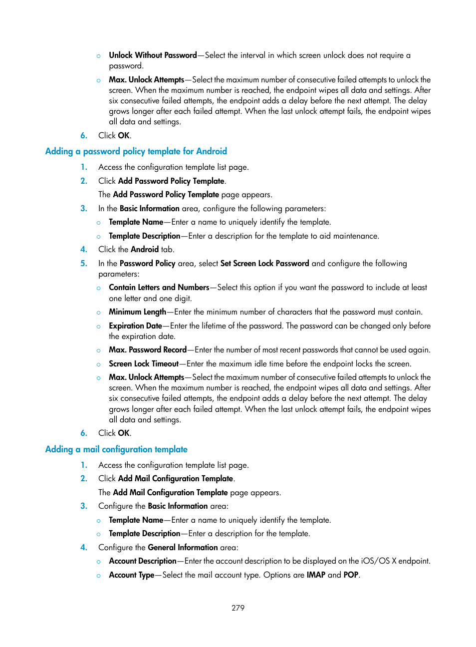 Adding a password policy template for android, Adding a mail configuration template | H3C Technologies H3C Intelligent Management Center User Manual | Page 297 / 641