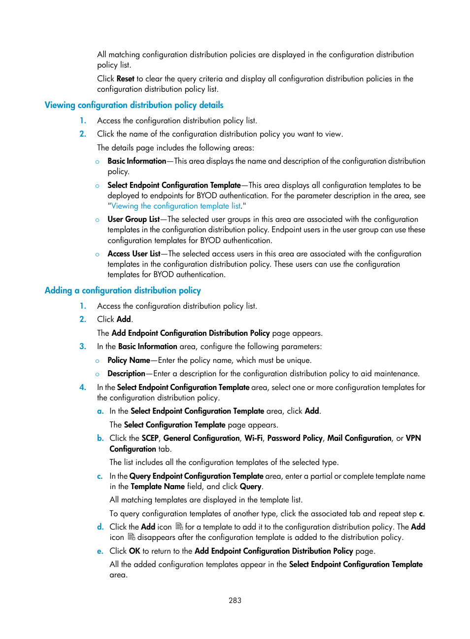 Viewing configuration distribution policy details, Adding a configuration distribution policy | H3C Technologies H3C Intelligent Management Center User Manual | Page 301 / 641
