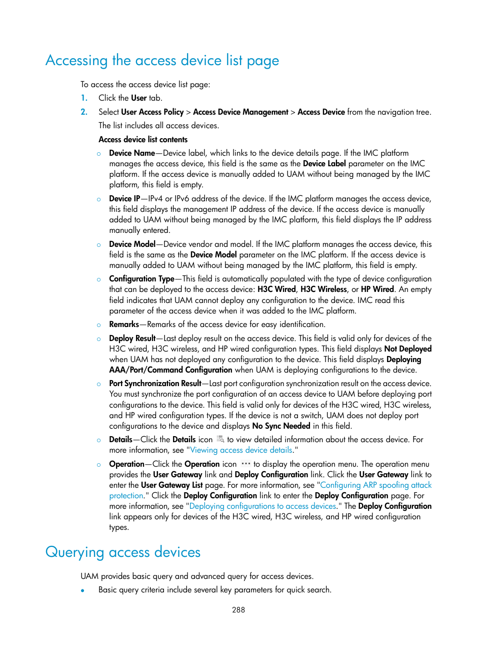 Querying access devices, Accessing the access device list page | H3C Technologies H3C Intelligent Management Center User Manual | Page 306 / 641