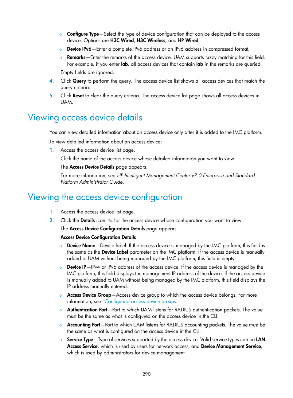 Viewing access device details, Viewing the access device configuration | H3C Technologies H3C Intelligent Management Center User Manual | Page 308 / 641