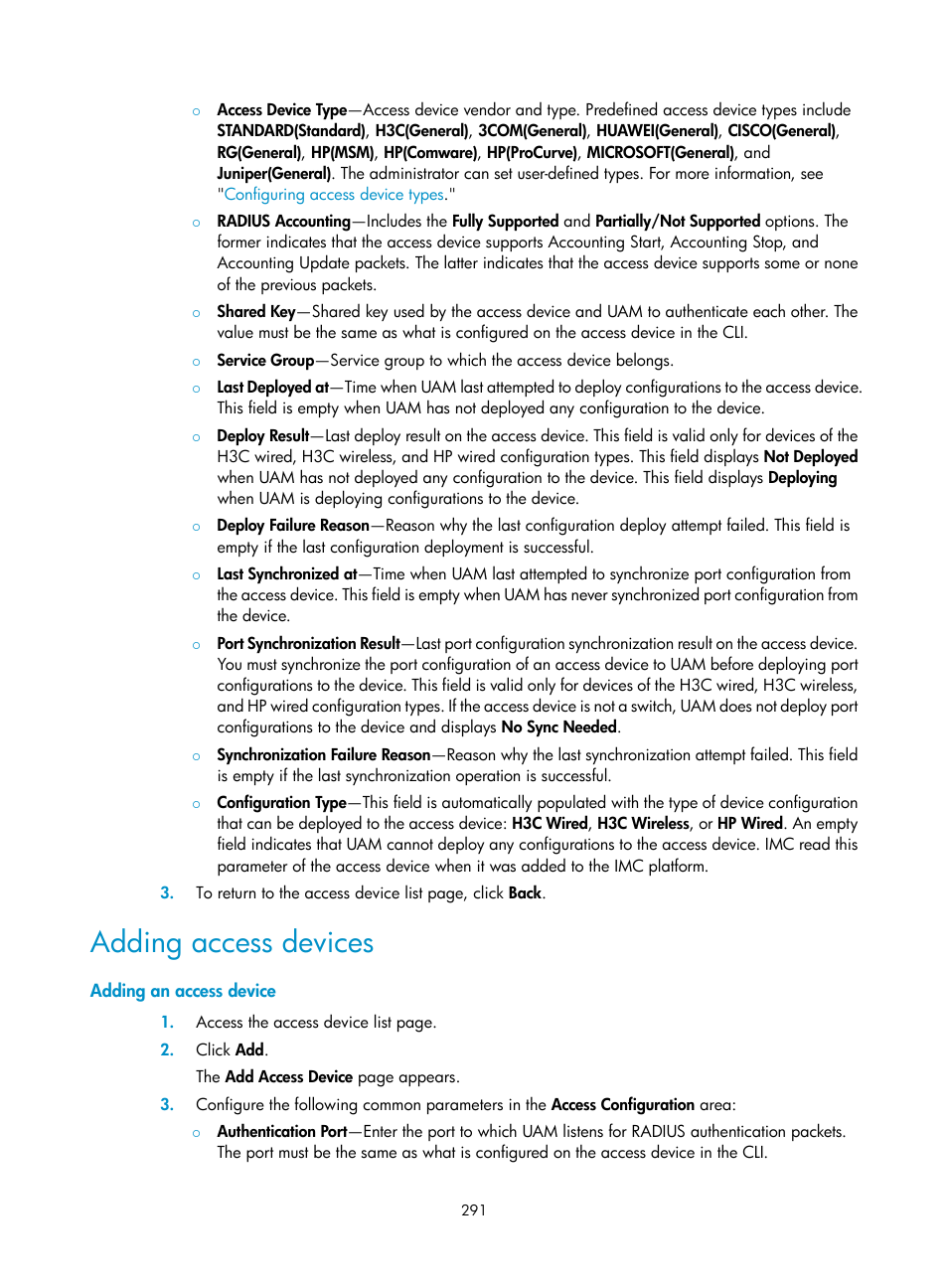 Adding access devices, Adding an access device | H3C Technologies H3C Intelligent Management Center User Manual | Page 309 / 641