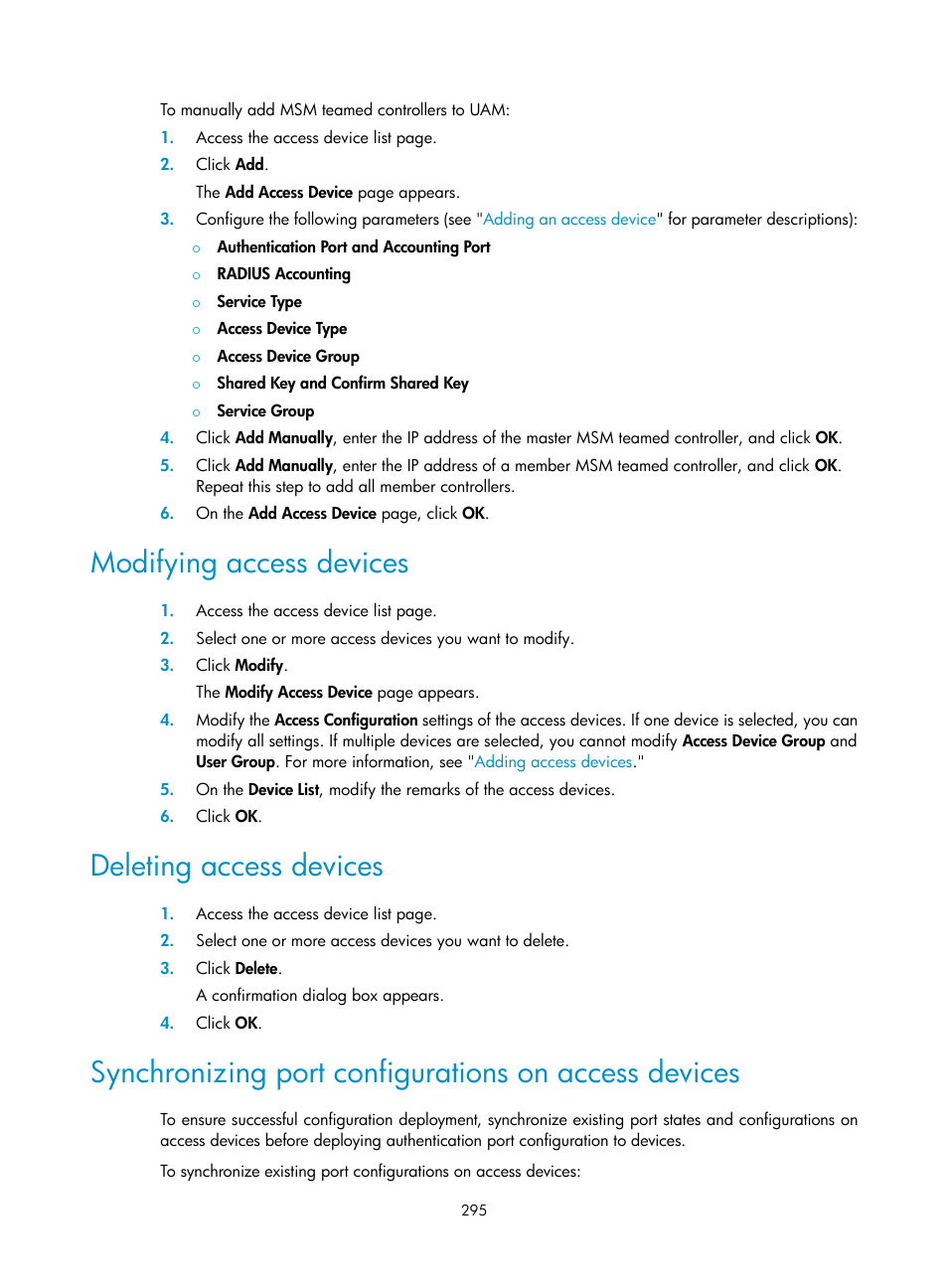 Modifying access devices, Deleting access devices | H3C Technologies H3C Intelligent Management Center User Manual | Page 313 / 641