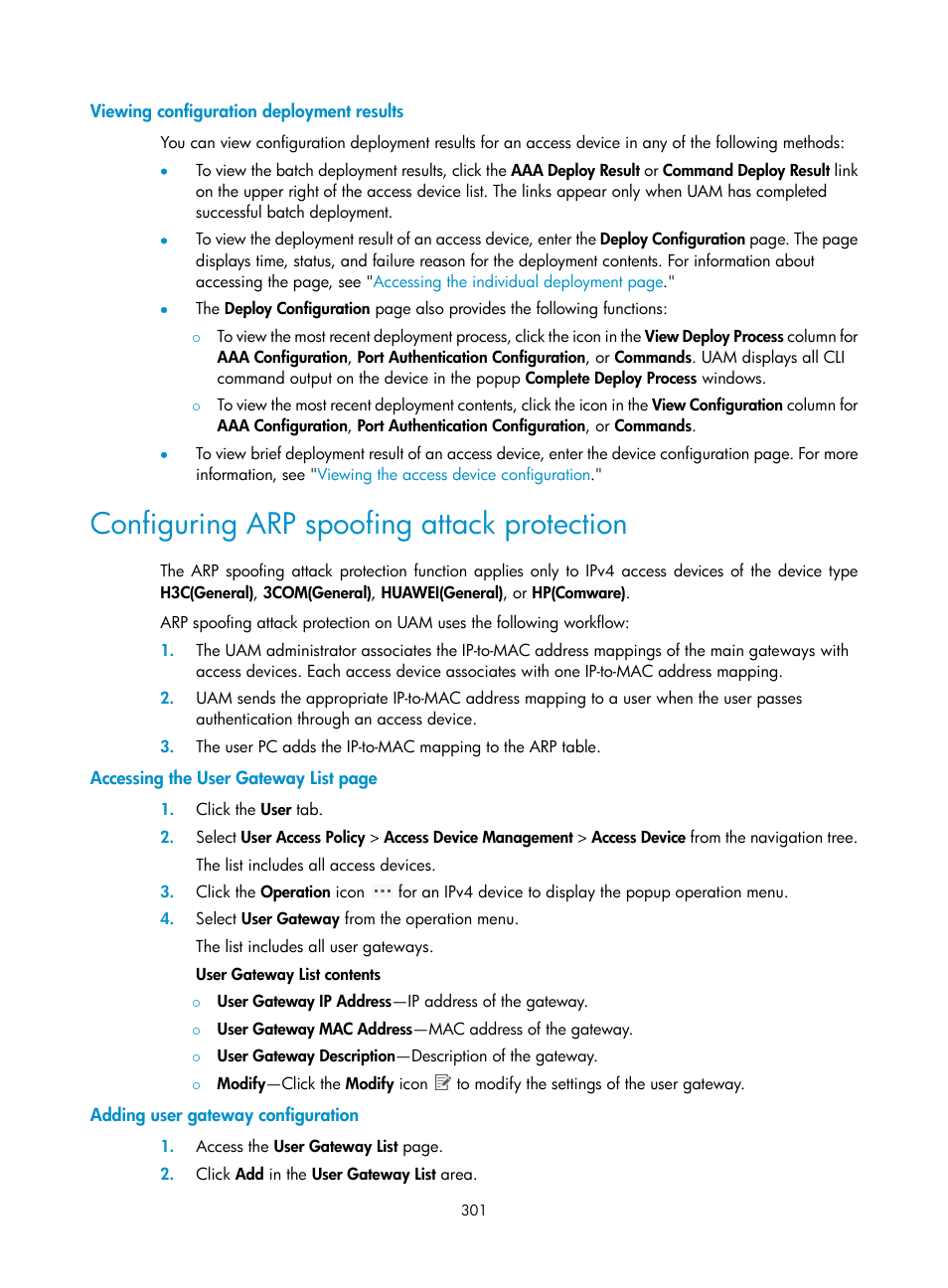 Viewing configuration deployment results, Configuring arp spoofing attack protection, Adding user gateway configuration | Configuring arp spoofing attack, Protection | H3C Technologies H3C Intelligent Management Center User Manual | Page 319 / 641
