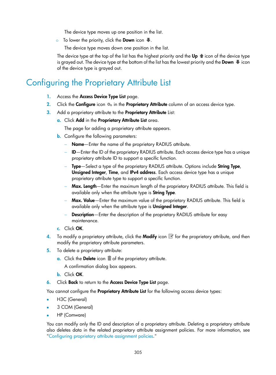 Configuring the proprietary attribute list | H3C Technologies H3C Intelligent Management Center User Manual | Page 323 / 641