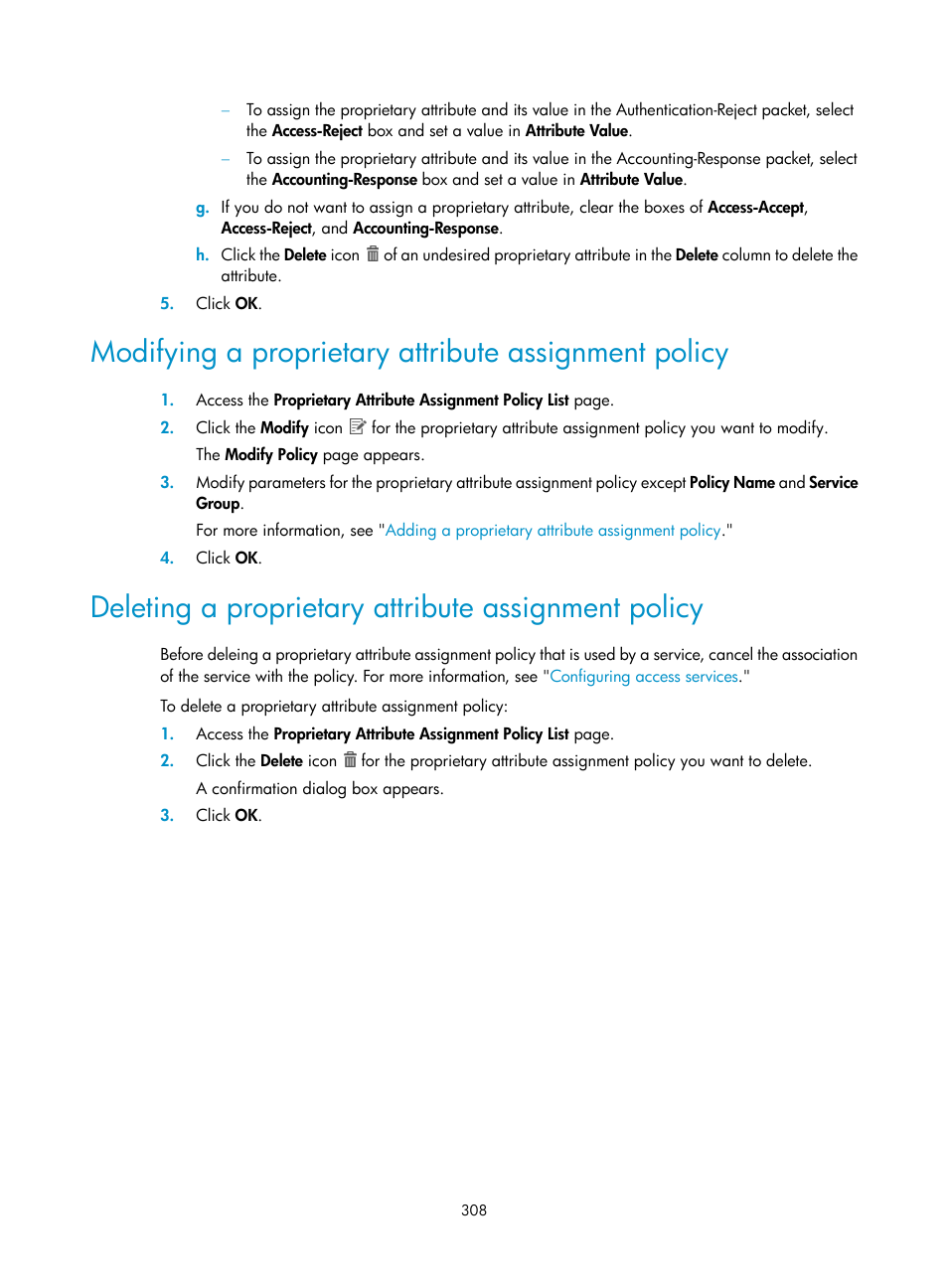 Deleting a proprietary attribute assignment policy | H3C Technologies H3C Intelligent Management Center User Manual | Page 326 / 641