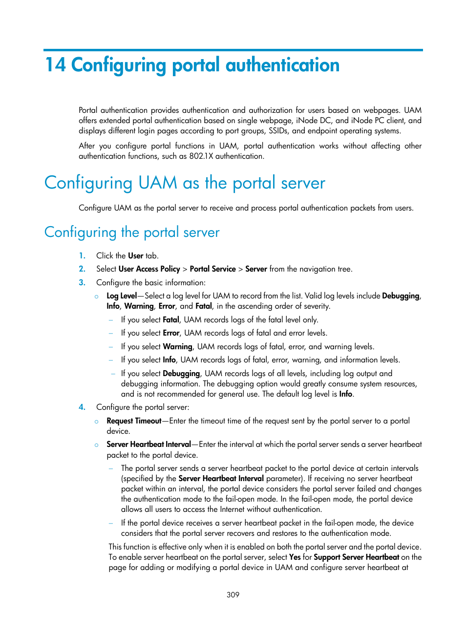 14 configuring portal authentication, Configuring uam as the portal server, Configuring the portal server | 14 configuring portal, Authentication, N, see | H3C Technologies H3C Intelligent Management Center User Manual | Page 327 / 641