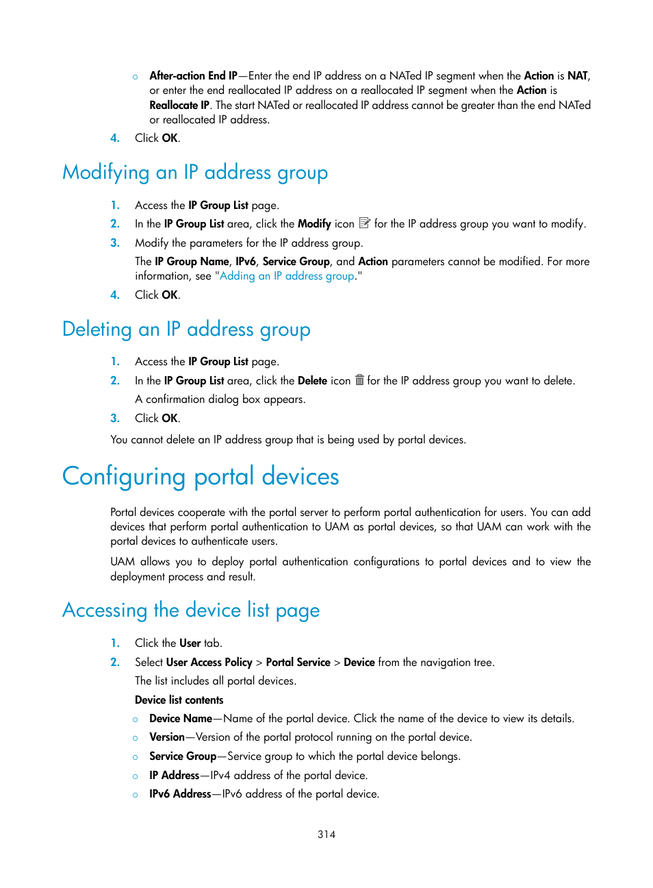 Modifying an ip address group, Deleting an ip address group, Configuring portal devices | Configuring, Portal devices, Accessing the device list page | H3C Technologies H3C Intelligent Management Center User Manual | Page 332 / 641