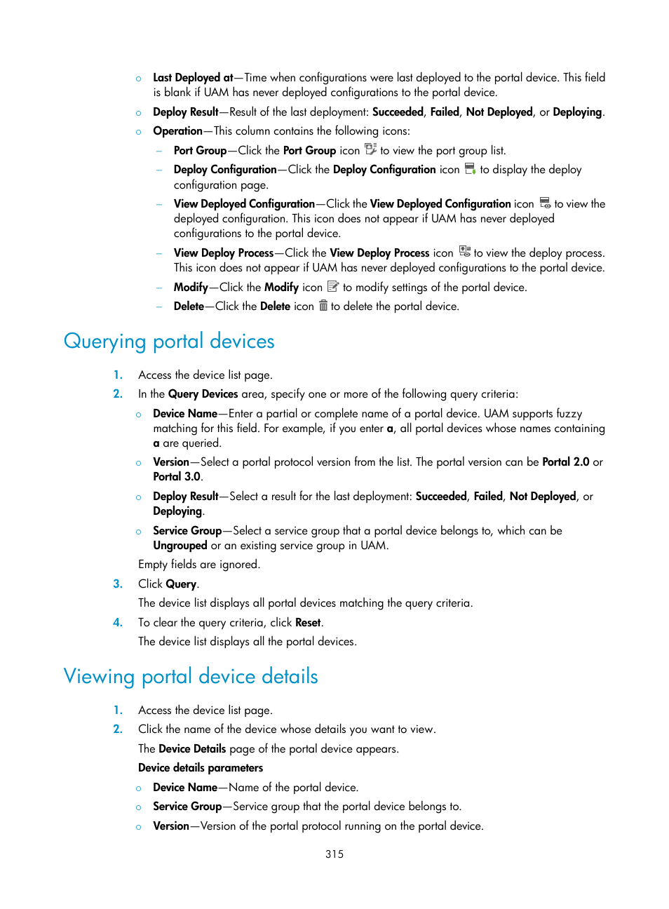 Querying portal devices, Viewing portal device details | H3C Technologies H3C Intelligent Management Center User Manual | Page 333 / 641