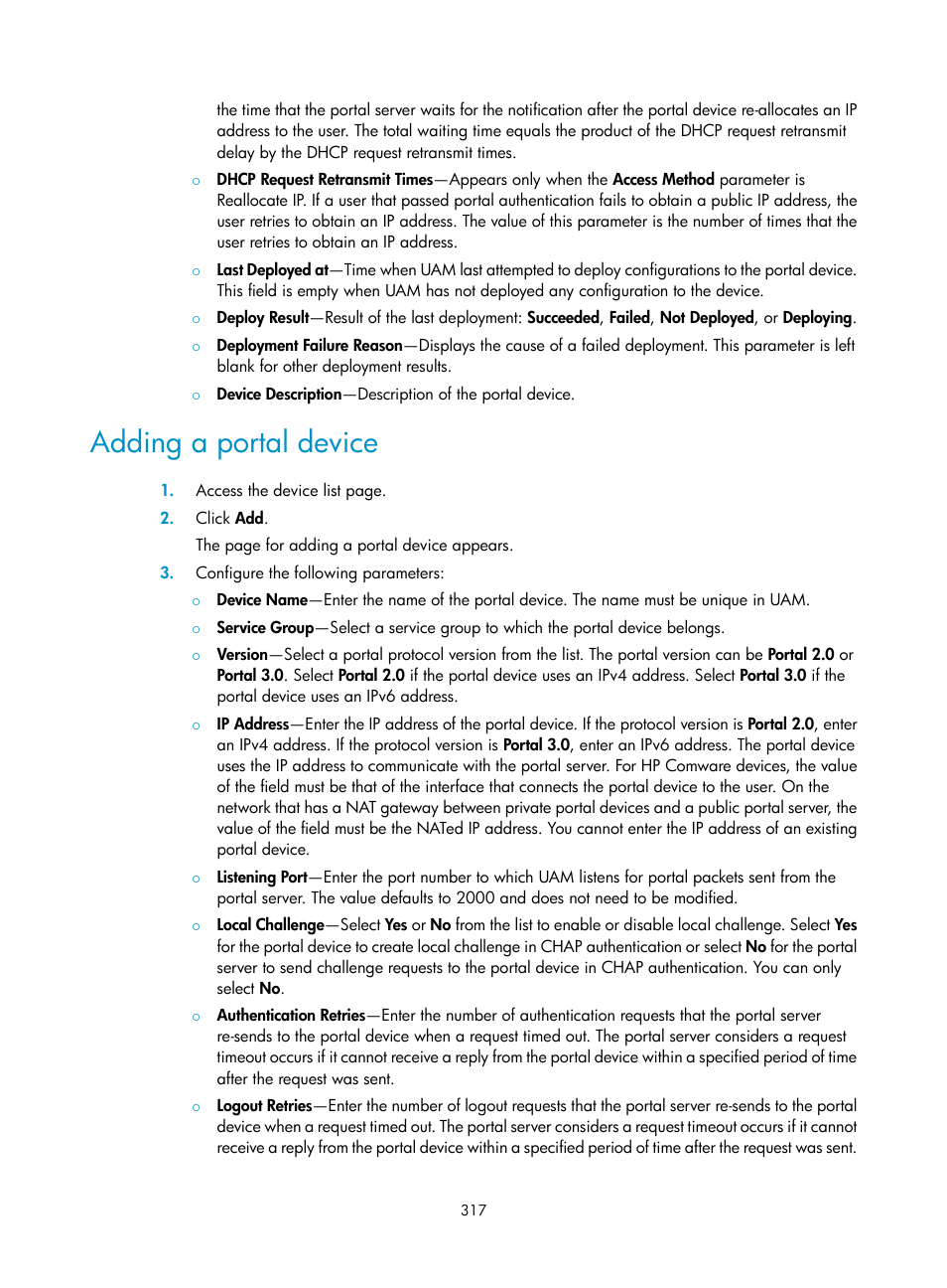 Adding a portal device | H3C Technologies H3C Intelligent Management Center User Manual | Page 335 / 641