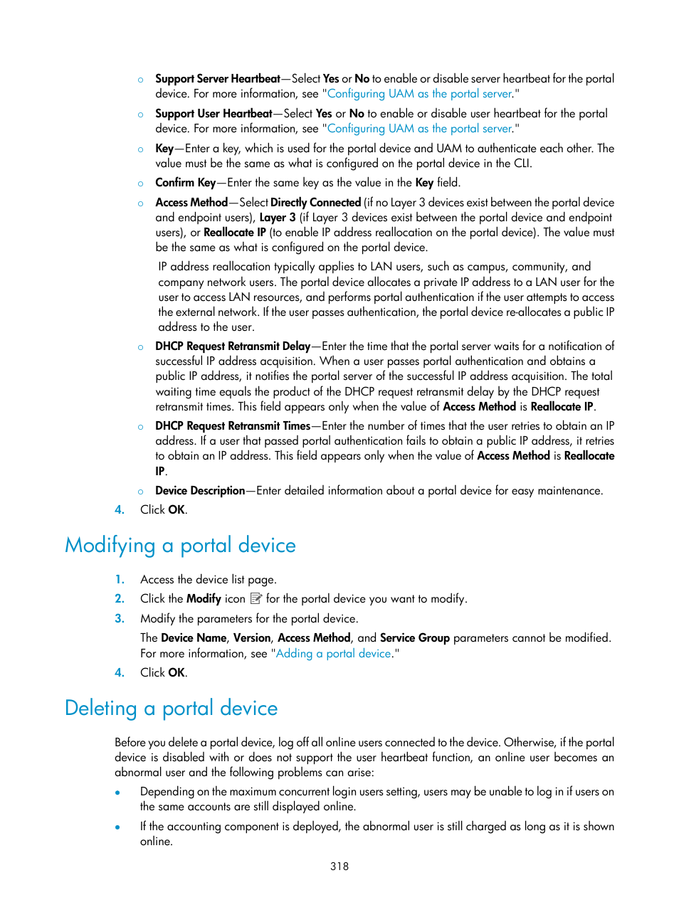 Modifying a portal device, Deleting a portal device | H3C Technologies H3C Intelligent Management Center User Manual | Page 336 / 641