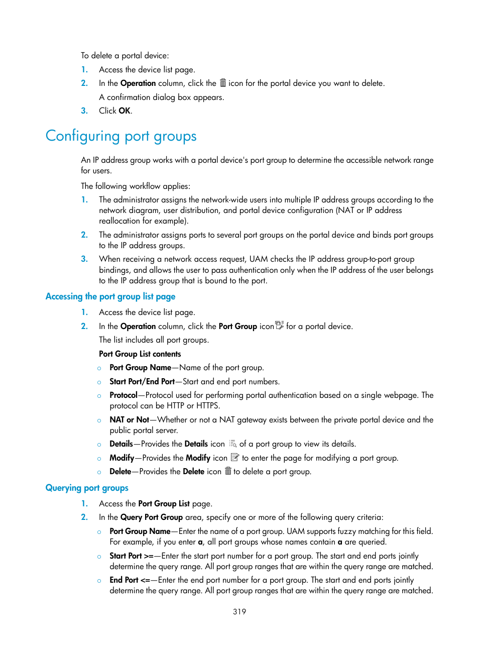 Configuring port groups, Querying port groups | H3C Technologies H3C Intelligent Management Center User Manual | Page 337 / 641